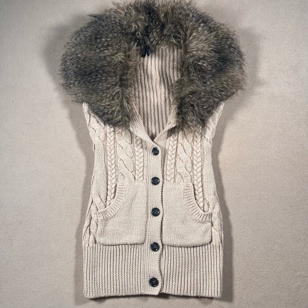 VTG Y2K 90s Faux Fur Preppy Sleeveless Knit Cardigan by Guess Office Siren Sz S